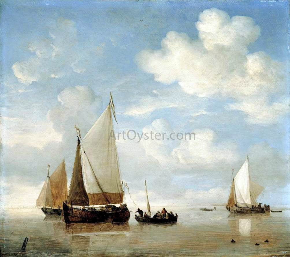 The Younger Willem Van de Velde Calm - Dutch Smalschips and a Rowing Boat - Hand Painted Oil Painting