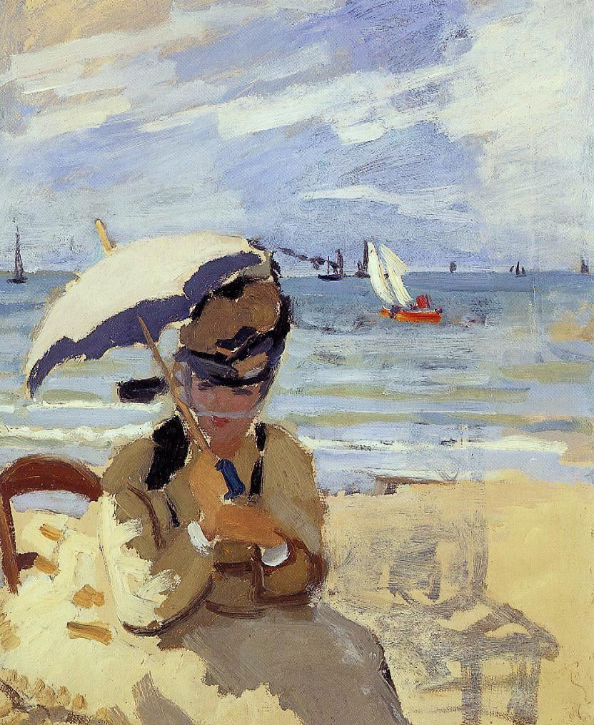 Claude Oscar Monet Camille Sitting on the Beach at Trouville - Hand Painted Oil Painting