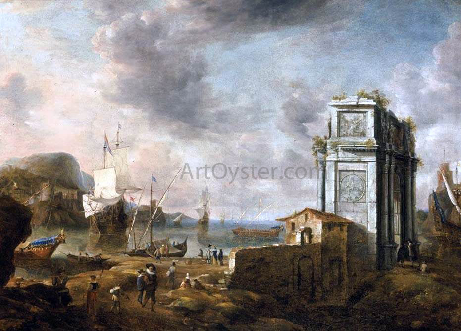 Jan Abrahamsz Beerstraten Capriccio of a Mediterranean Harbour - Hand Painted Oil Painting