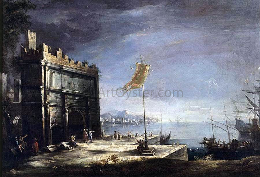  Antonio Stom Capriccio of a Port Scene with a Classical Arch - Hand Painted Oil Painting