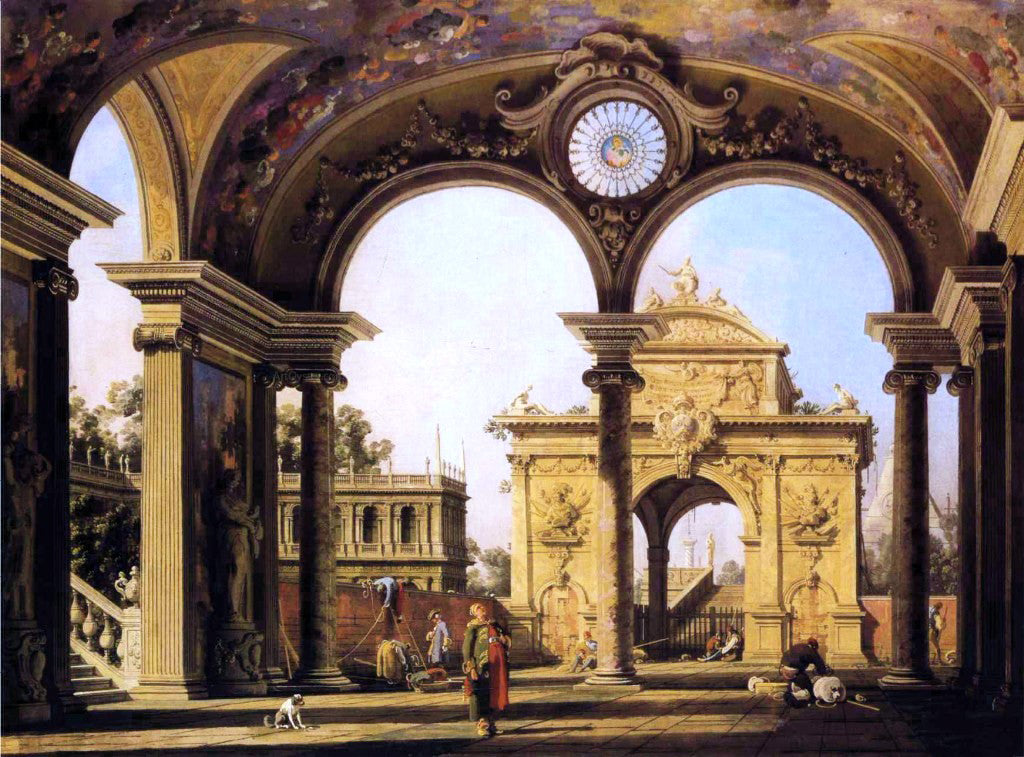 Canaletto Capriccio of a Renaissance Triumphal Arch seen from the Portico of a Palace - Hand Painted Oil Painting