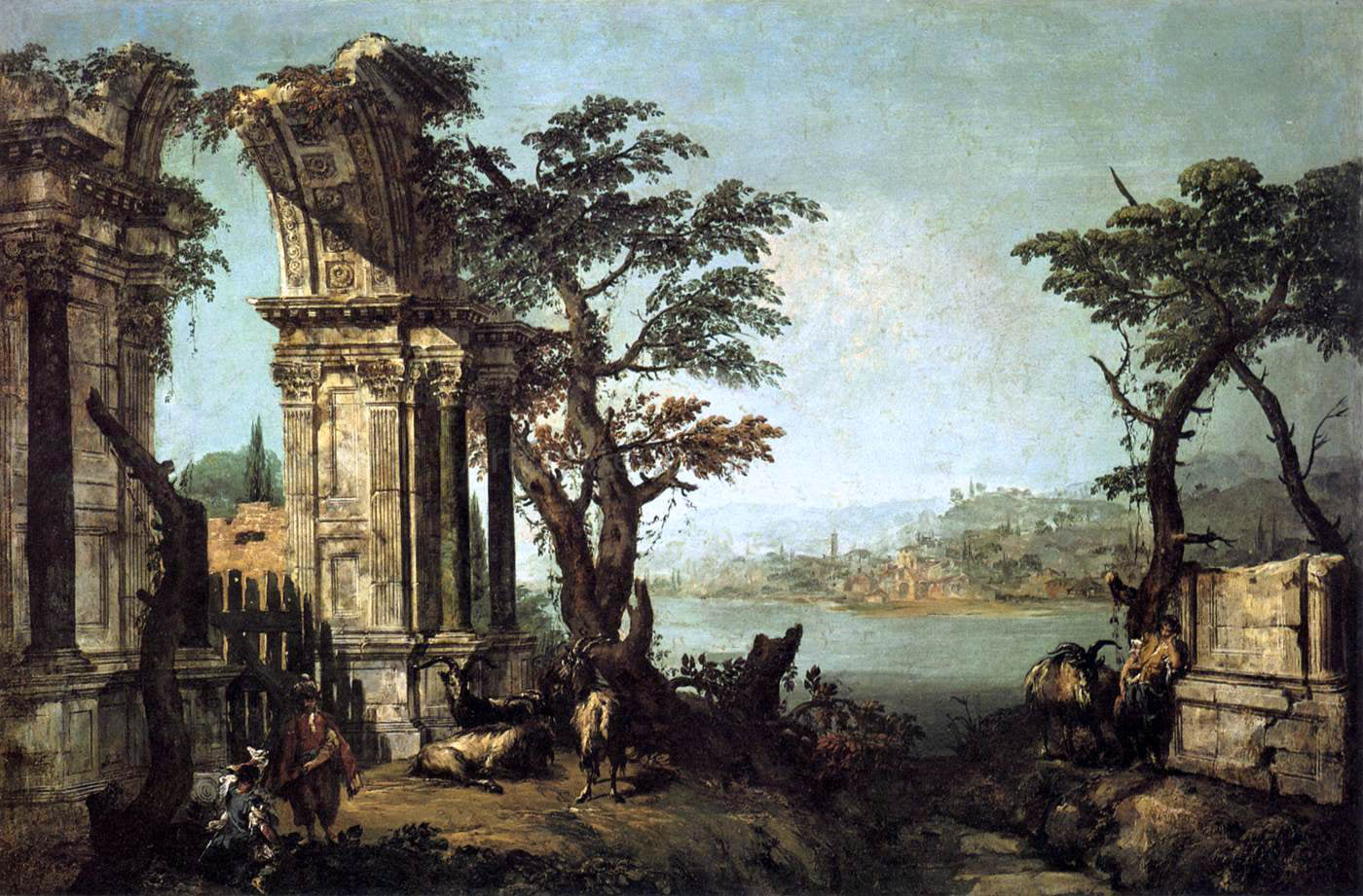 Michele Marieschi Capriccio with Classical Arch and Goats - Hand Painted Oil Painting