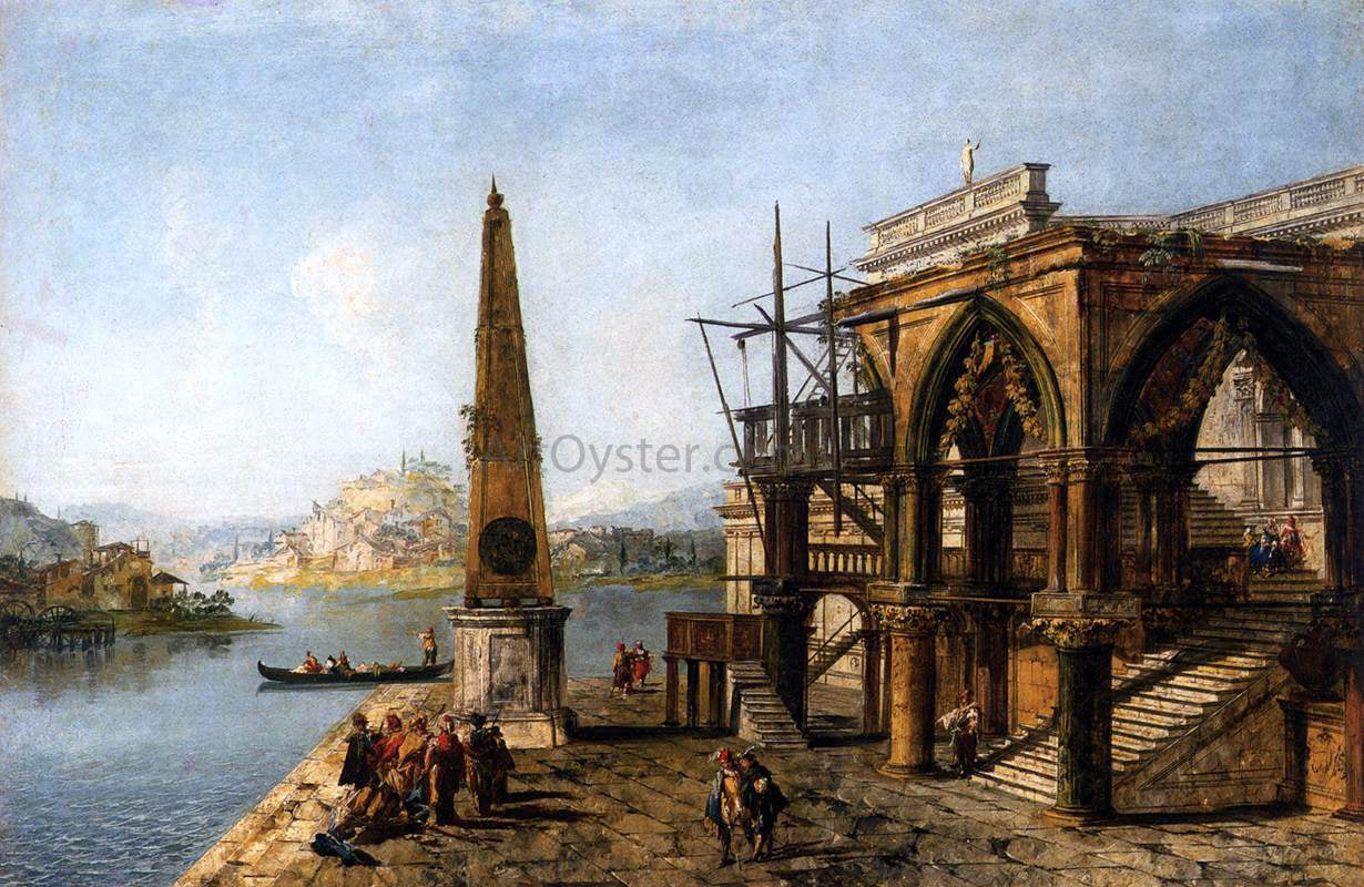 Michele Marieschi Capriccio with Gothic Building and Obelisk - Hand Painted Oil Painting
