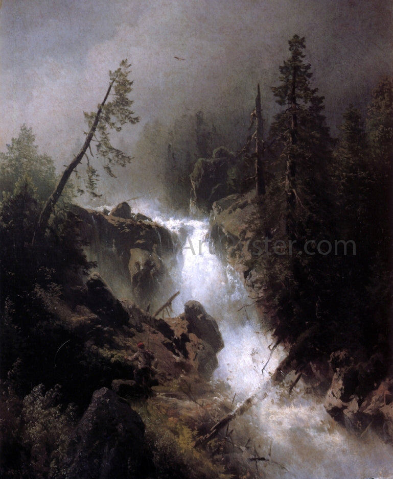 Herman Herzog Cascade with a Fisherman - Hand Painted Oil Painting