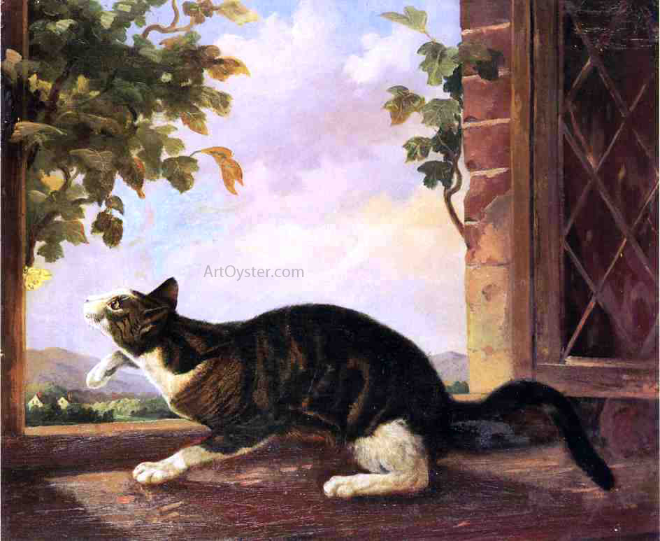  John Woodhouse Audubon Cat Stalking a Butterfly - Hand Painted Oil Painting