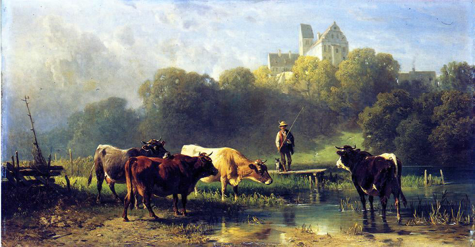 Fredrich Johann Voltz Cattle Watering at a Lake by a Fisherman and His Dog - Hand Painted Oil Painting