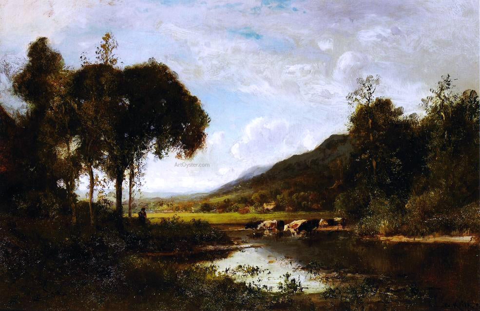 William Keith Cattle Watering at a Pond with a Shepherd Nearby - Hand Painted Oil Painting