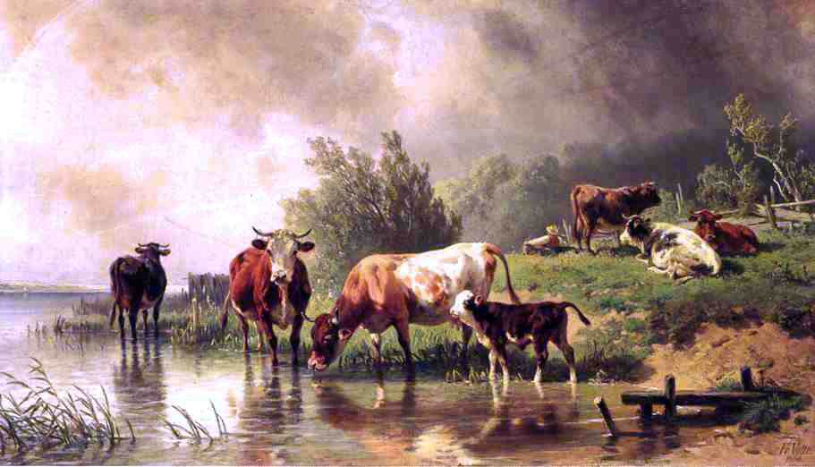 Fredrich Johann Voltz Cattle Watering by Stream under Darkening Skies - Hand Painted Oil Painting