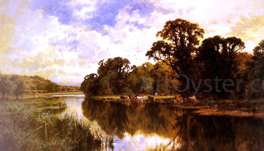 Henry Hillier Parker Cattle Watering on a Riverbank - Hand Painted Oil Painting
