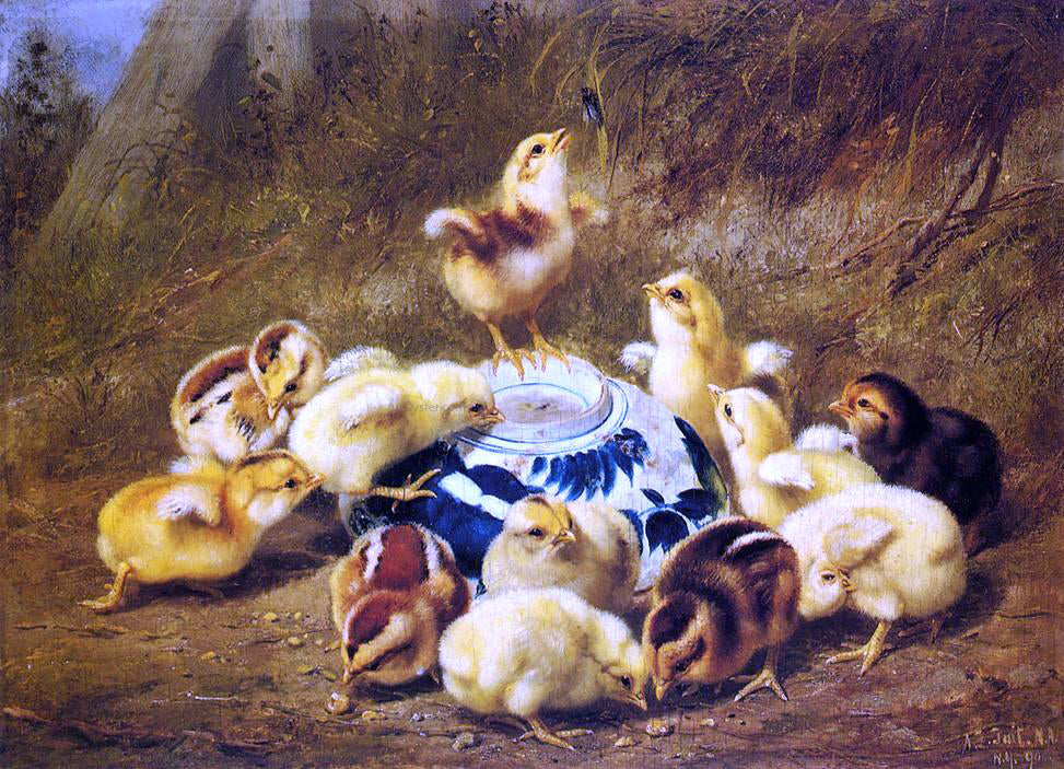 Arthur Fitzwilliam Tait Chicks and Delft Bowl - Hand Painted Oil Painting