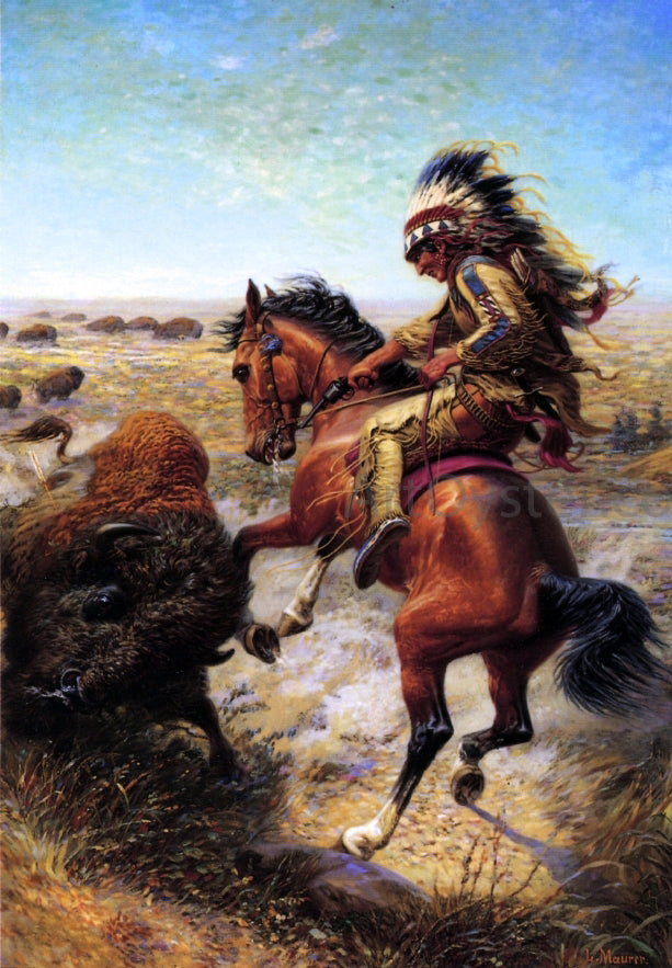 Louis Maurer Chief Spotted Tail Shooting Buffalo - Hand Painted Oil Painting