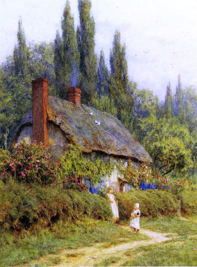  Helen Allingham Children on a Path outside a Thatched Cotate, West Horsley, Surrey - Hand Painted Oil Painting