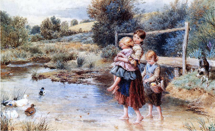 Myles Birket Foster Children Paddling in a Stream - Hand Painted Oil Painting