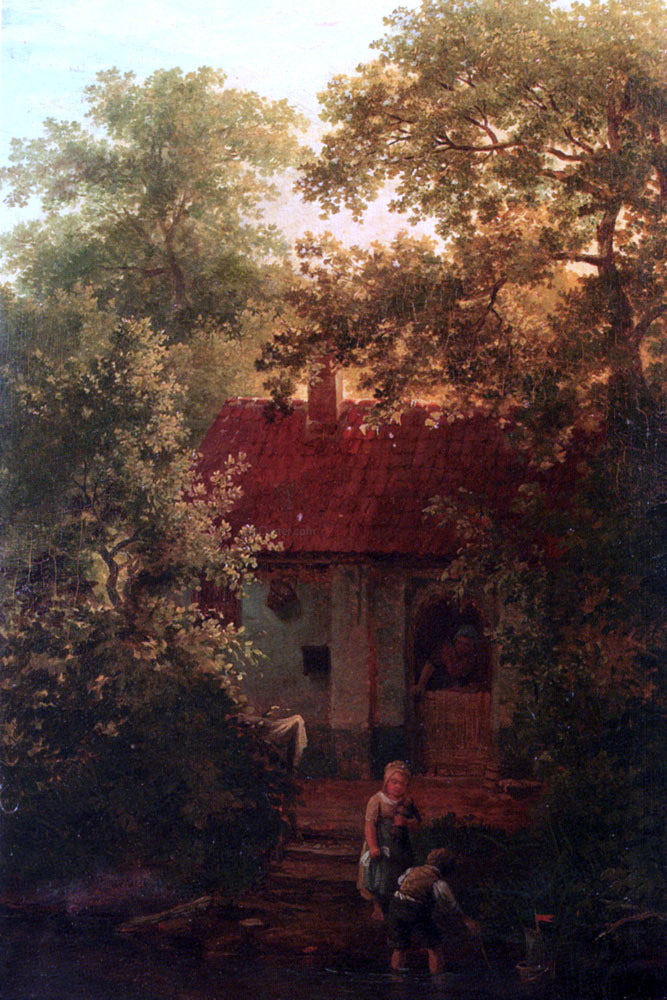Willem Pouwelsen Children Playing With A Boat In A Stream, A Farmhouse Beyond - Hand Painted Oil Painting