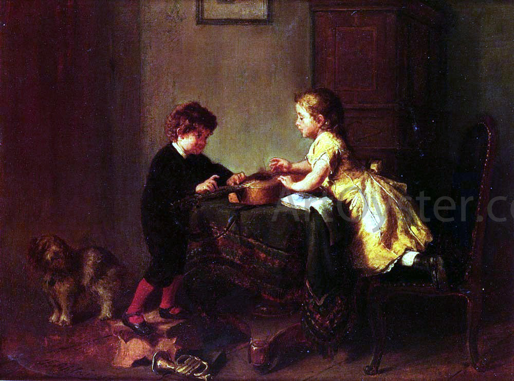 Felix Schlesinger Children Playing with a Guitar - Hand Painted Oil Painting