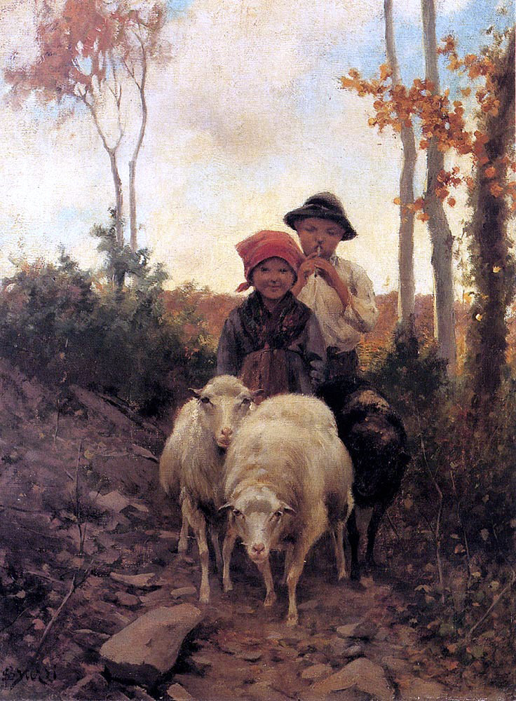 Stefano Bruzzi Children With Sheep On A Path - Hand Painted Oil Painting