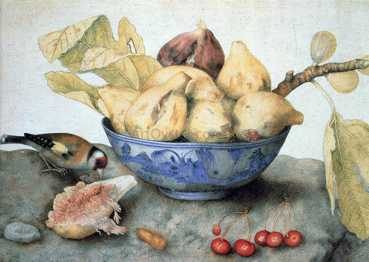  Giovanna Garzoni China Bowl with Figs, a Bird, and Cherries - Hand Painted Oil Painting