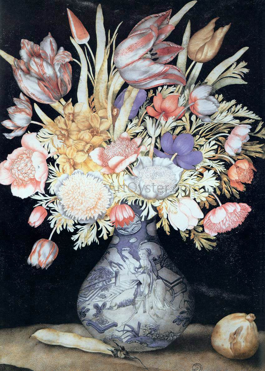 Giovanna Garzoni Chinese Vase with Flowers, a Fig, and a Bean - Hand Painted Oil Painting