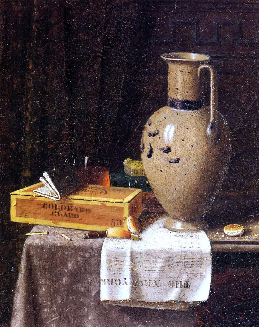 William Michael Harnett Cigar Box, Pitcher and 'New York World' - Hand Painted Oil Painting