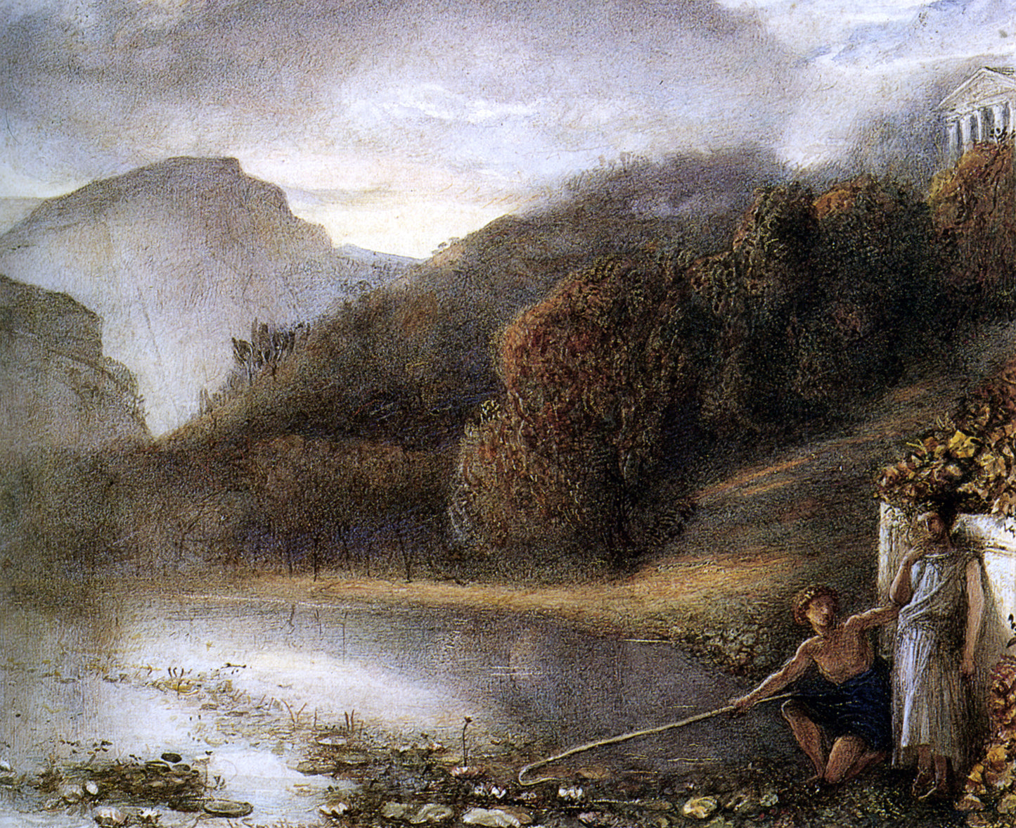 James Smetham Classical figures by a river with a Temple Beyond - Hand Painted Oil Painting