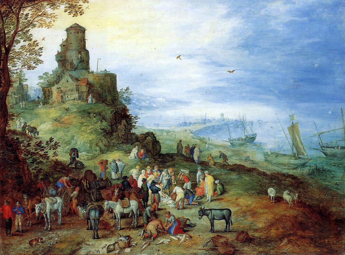 Samuel Edwin Whiteman Coastal Landscape with the Calling of the Apostles Peter and Andrew - Hand Painted Oil Painting
