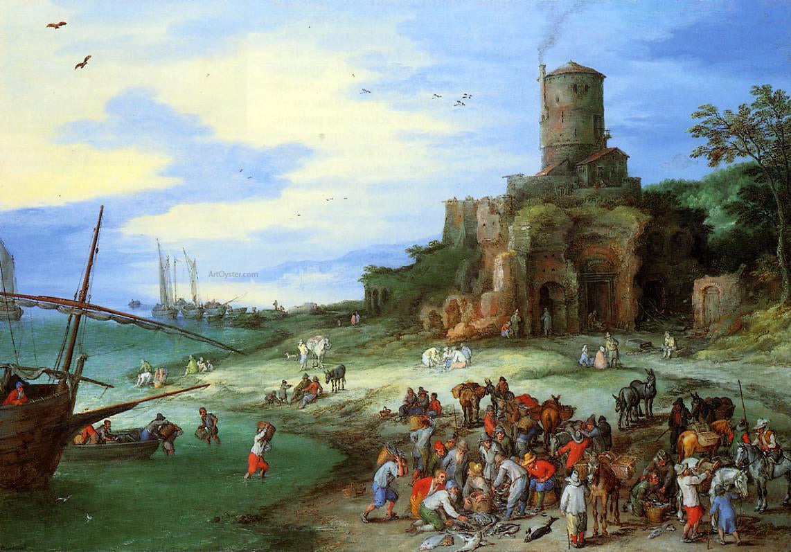 The Elder Jan Bruegel Coastal Landscape with the Tomb of Scipion - Hand Painted Oil Painting