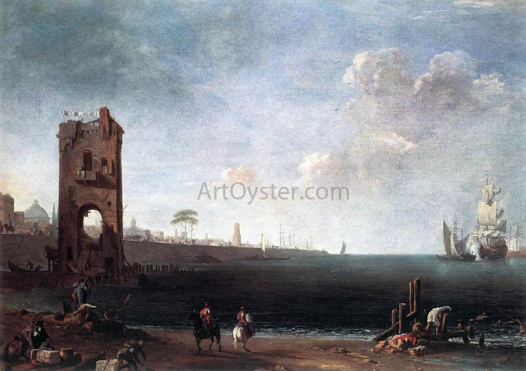  Marco Ricci Coastal View with Tower - Hand Painted Oil Painting
