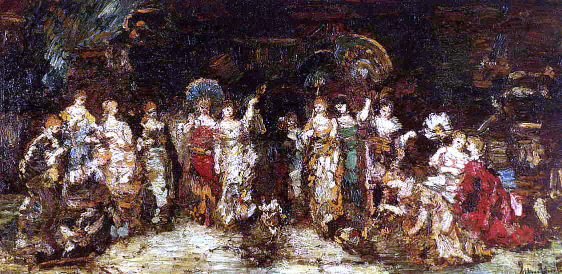 Adolphe-Joseph-Thomas Monticelli Cock Fight in Front of a Group of Young Women - Hand Painted Oil Painting
