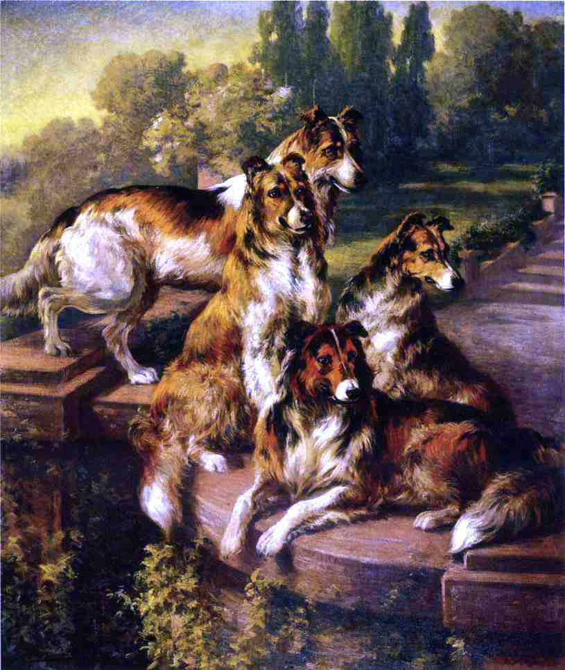  Edmond H Osthaus Collie Dogs in Formal Garden - Hand Painted Oil Painting