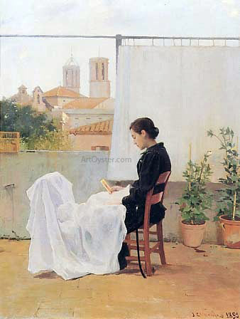 Joan I Bruguera Cosiendo - Hand Painted Oil Painting