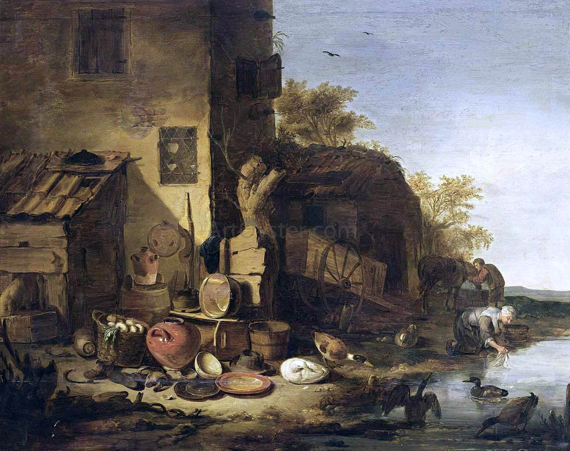Egbert Van der Poel Cottage with a Still-Life of Kitchen Utensils - Hand Painted Oil Painting