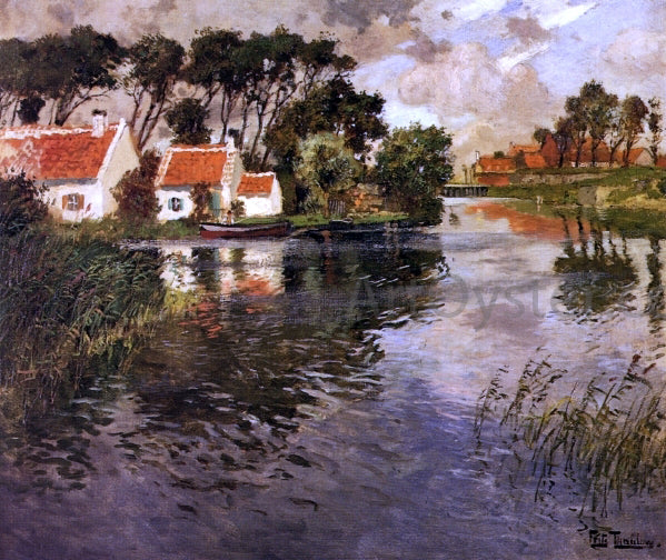Fritz Thaulow Cottages by a River - Hand Painted Oil Painting