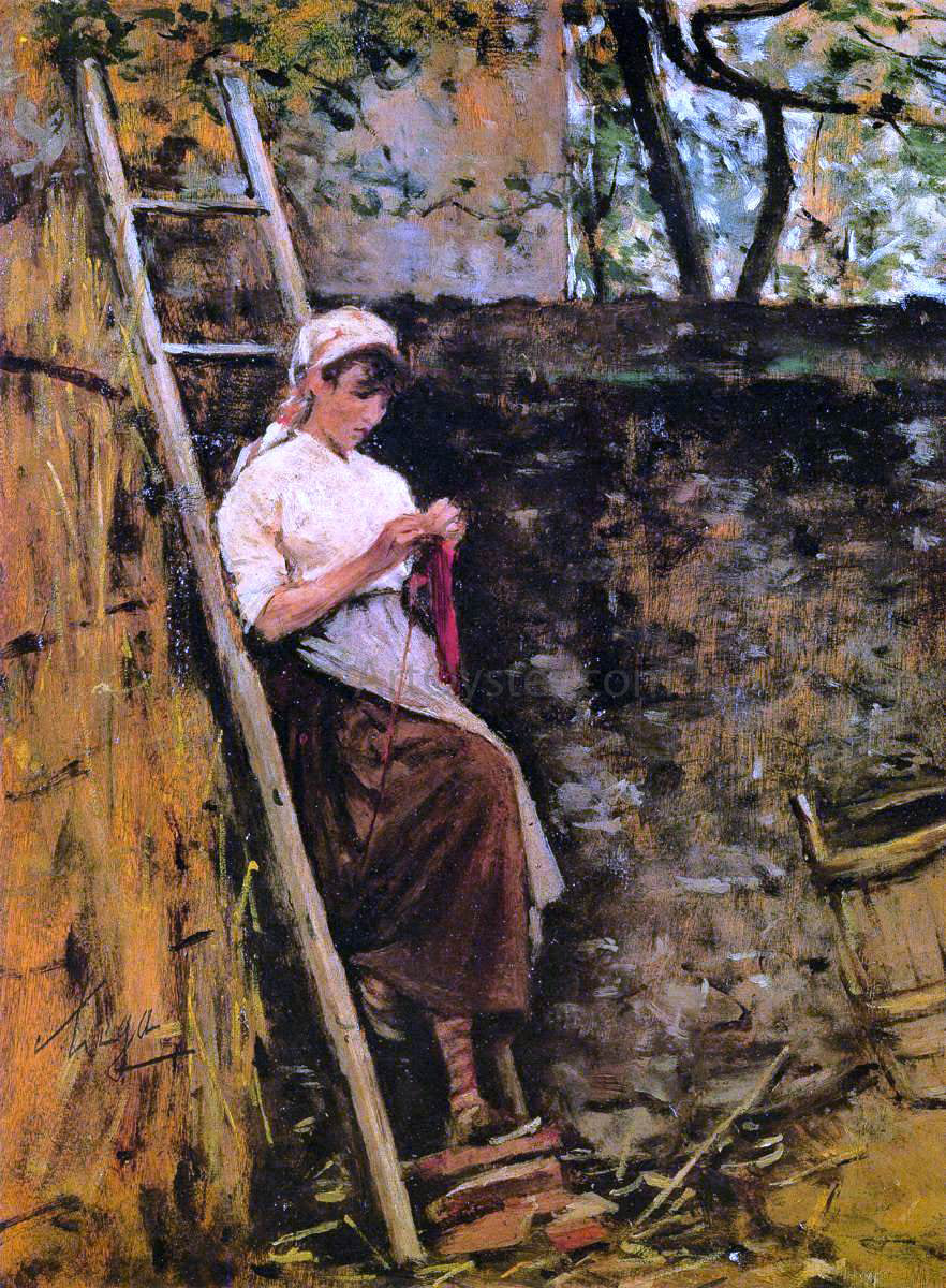 Silvestro Lega Country Girl Leaning Against a Ladder - Hand Painted Oil Painting