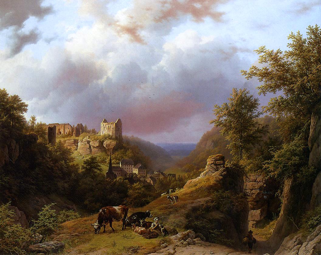 Barend Cornelis Koekkoek Countryfolk, Cattle and Goats on a Mountain Path with a Village Beyond - Hand Painted Oil Painting