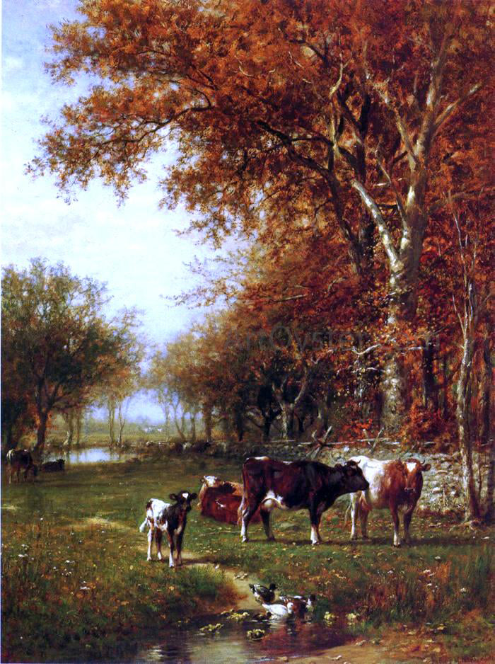 James McDougal Hart Cows before a Watering Hole - Hand Painted Oil Painting
