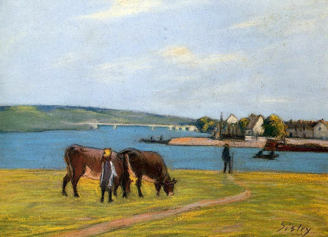  Alfred Sisley Cows by the Seine at Saint-Mammes - Hand Painted Oil Painting