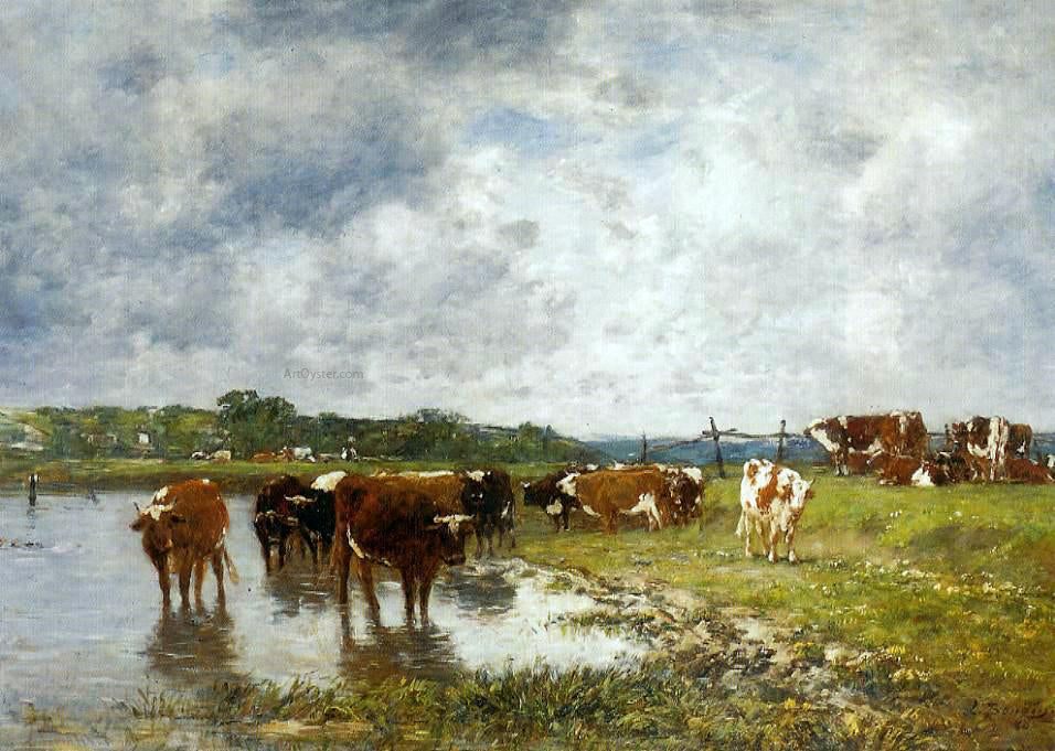 Eugene-Louis Boudin Cows in a Meadow on the Banks of the Toques - Hand Painted Oil Painting