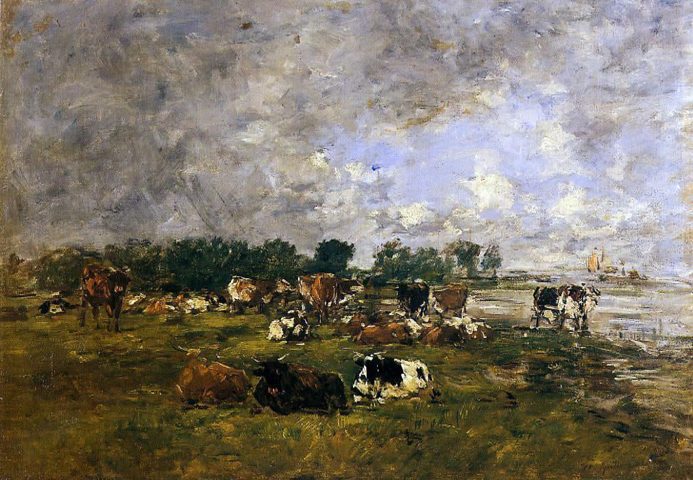Eugene-Louis Boudin Cows in the Fields - Hand Painted Oil Painting