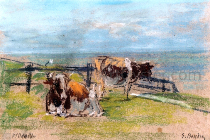 Eugene-Louis Boudin Cows on a Cliff at Villerville - Hand Painted Oil Painting