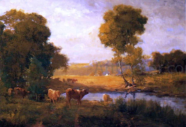 John Carleton Wiggins Cows Watering near the Farm - Hand Painted Oil Painting
