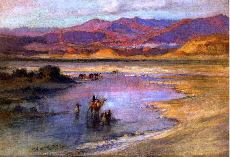  Frederick Arthur Bridgeman Crossing an Oasis, with the Atlas Mountains in the Distance, Morocco - Hand Painted Oil Painting