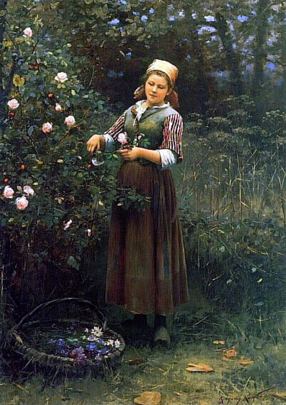 Daniel Ridgway Knight Cutting Roses - Hand Painted Oil Painting