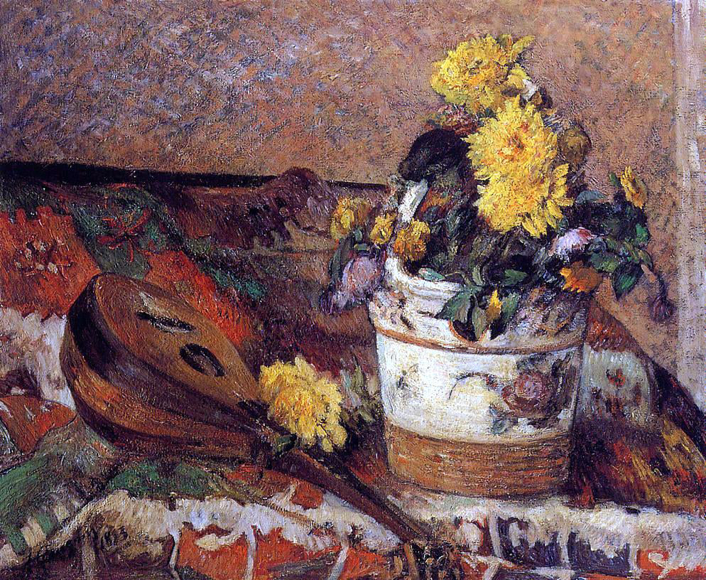 Paul Gauguin Dahlias and Mandolin - Hand Painted Oil Painting