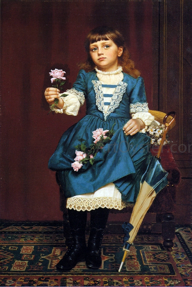 John George Brown Daisy McComb Holding a Pink Rose - Hand Painted Oil Painting