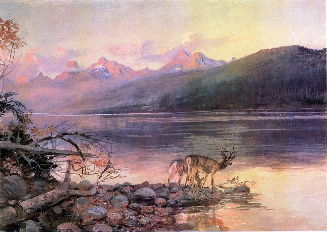 Charles Marion Russell Deer at Lake McDonald - Hand Painted Oil Painting