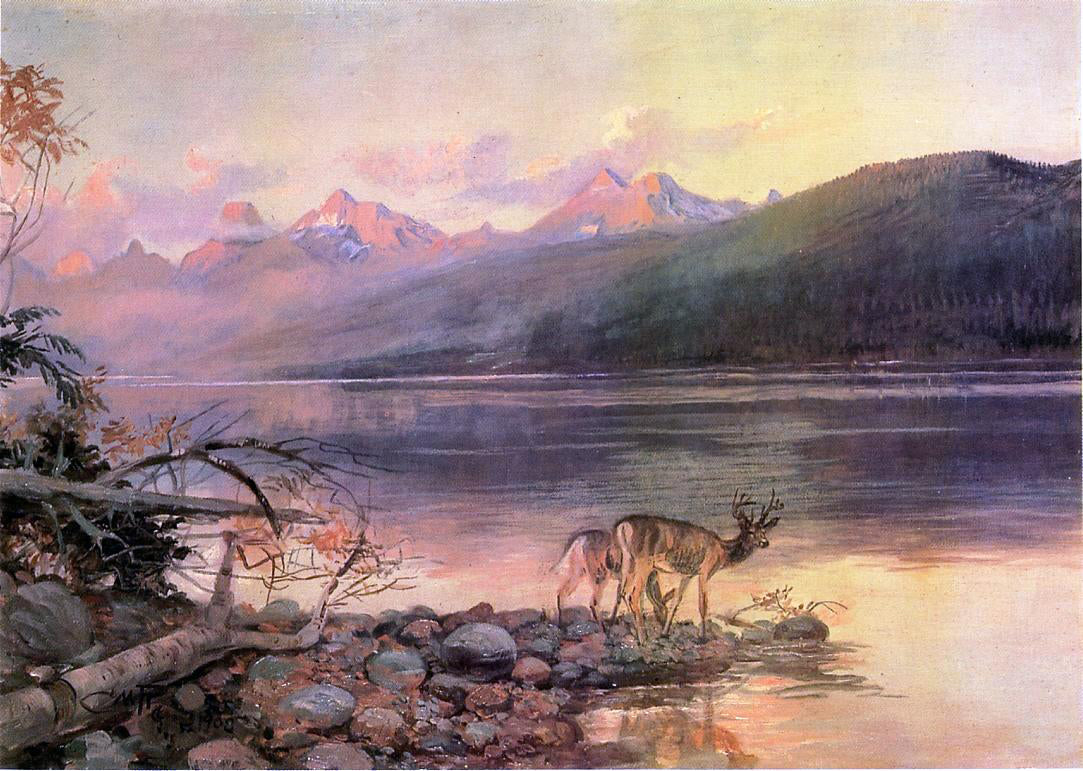  Charles Marion Russell Deer at Lake McDonald - Hand Painted Oil Painting