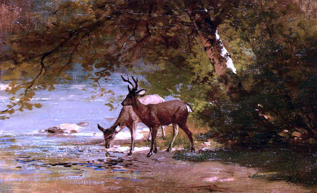 Thomas Hill Deer in a Landscape - Hand Painted Oil Painting