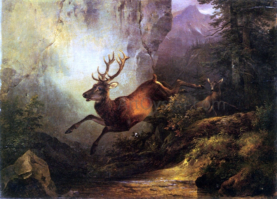 Friedrich Gauermann Deer Running Through a Forest - Hand Painted Oil Painting