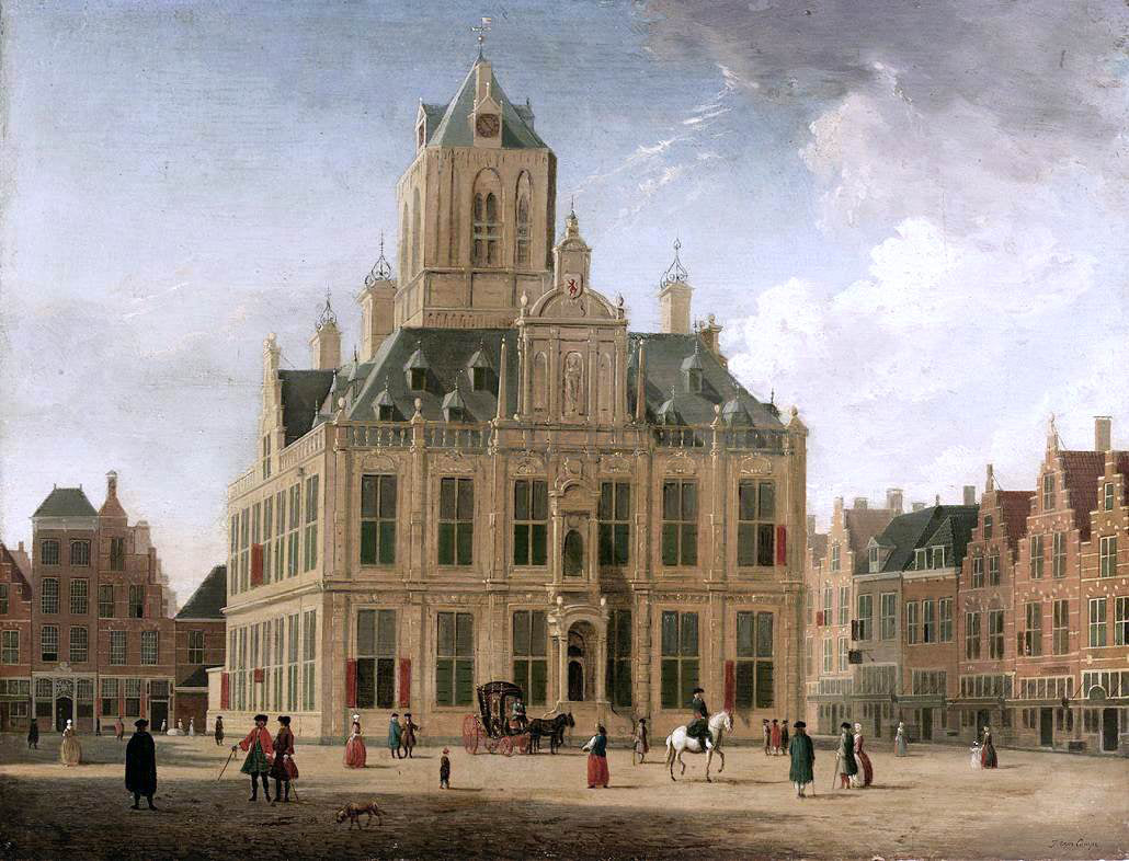 Jan Ten Compe Delft: A View of the Town Hall Seen from the Grote Market - Hand Painted Oil Painting