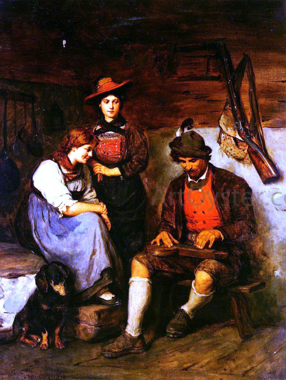 Franz Von Defregger Der Zitherspieler Auf Der Alm, Dem Zwei Madchen Zuhoren - Hand Painted Oil Painting